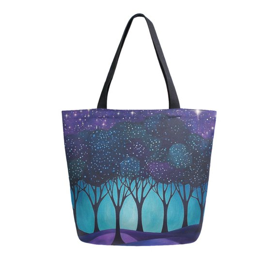 FORMRS Womens Canvas Tote Bag with Zipper Inner Pocket Shoulder Handbag, Purple Moonlight Forest