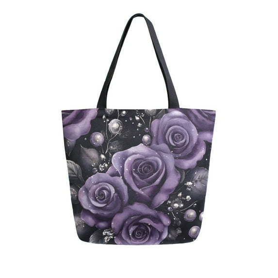 FORMRS Womens Canvas Tote Bag with Zipper Inner Pocket Shoulder Handbag, Purple Roses