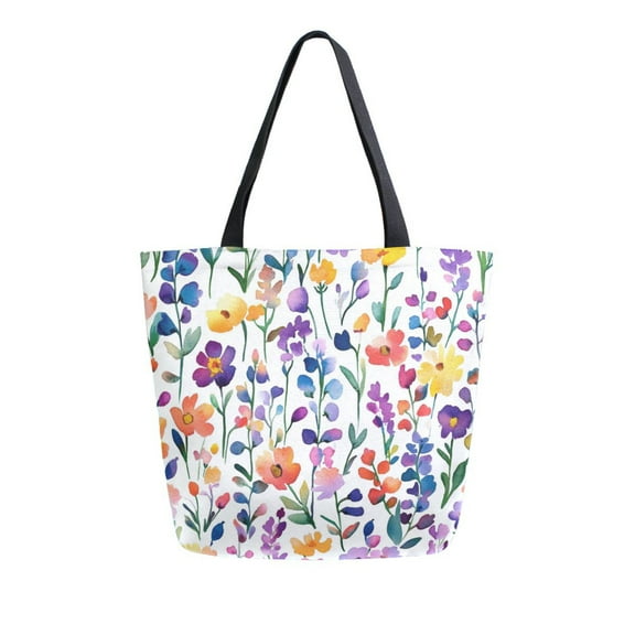 FORMRS Womens Canvas Tote Bag with Zipper Inner Pocket Shoulder Handbag, Purple Wildflower Pattern