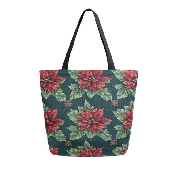 FORMRS Womens Canvas Tote Bag with Zipper Inner Pocket Shoulder Handbag, Red Christmas Poinsettias