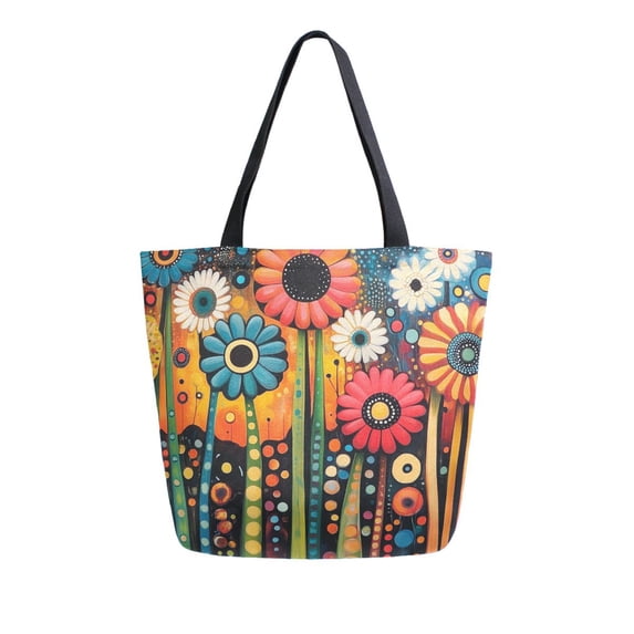 FORMRS Womens Canvas Tote Bag with Zipper Inner Pocket Shoulder Handbag, Red Colorful Flowers with Dots