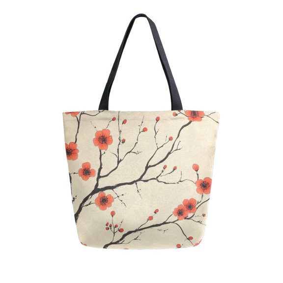 FORMRS Womens Canvas Tote Bag with Zipper Inner Pocket Shoulder Handbag, Red Floral Pattern