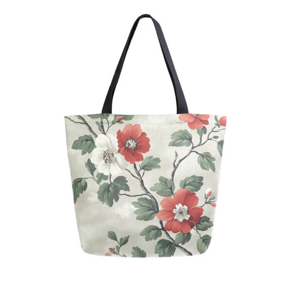 FORMRS Womens Canvas Tote Bag with Zipper Inner Pocket Shoulder Handbag, Red Floral Pattern
