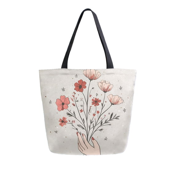 FORMRS Womens Canvas Tote Bag with Zipper Inner Pocket Shoulder Handbag, Red Flower