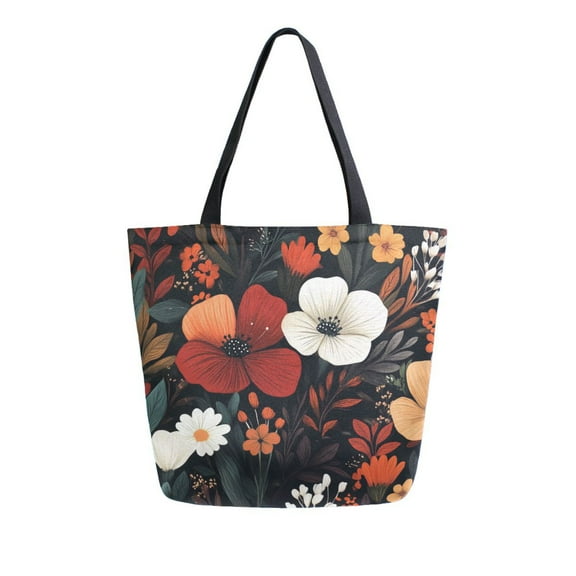 FORMRS Womens Canvas Tote Bag with Zipper Inner Pocket Shoulder Handbag, Red Flowers Pattern