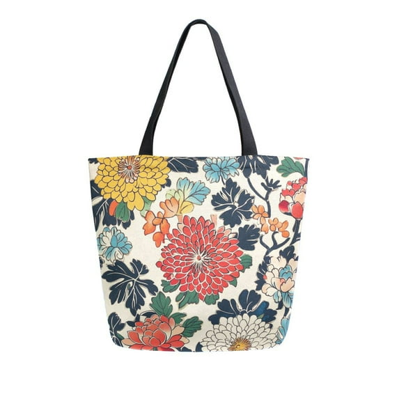 FORMRS Womens Canvas Tote Bag with Zipper Inner Pocket Shoulder Handbag, Red Flowers Pattern