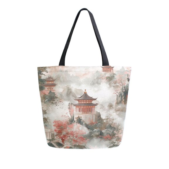 FORMRS Womens Canvas Tote Bag with Zipper Inner Pocket Shoulder Handbag, Red Mountain Pattern