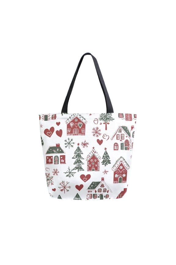 Womens Canvas Tote Bag with Zipper Inner Pocket Shoulder Handbag, Red Nordic Christmas