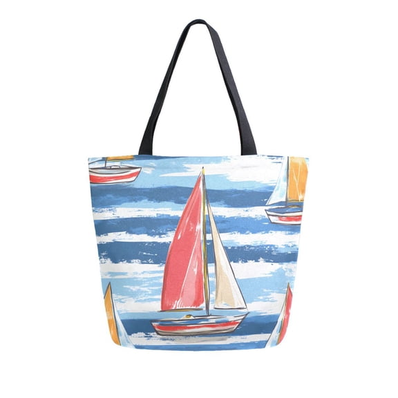FORMRS Womens Canvas Tote Bag with Zipper Inner Pocket Shoulder Handbag, Red Sailboats