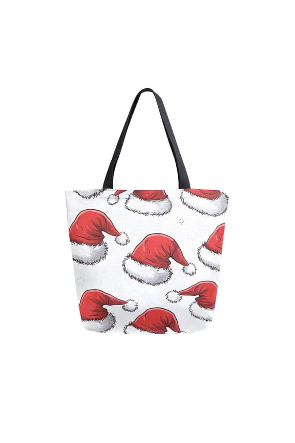 Womens Canvas Tote Bag with Zipper Inner Pocket Shoulder Handbag, Red Santa Hats Pattern