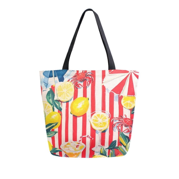 FORMRS Womens Canvas Tote Bag with Zipper Inner Pocket Shoulder Handbag, Red Striped Lemon