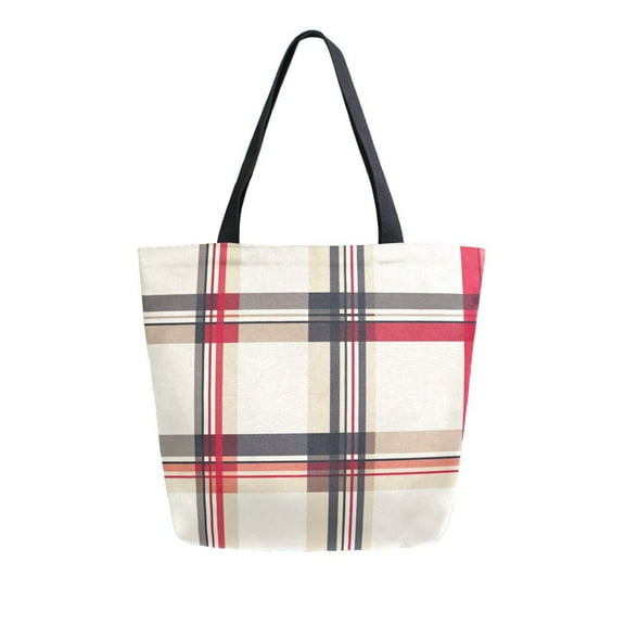 FORMRS Womens Canvas Tote Bag with Zipper Inner Pocket Shoulder Handbag, Red Tartan