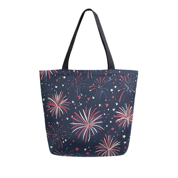 FORMRS Womens Canvas Tote Bag with Zipper Inner Pocket Shoulder Handbag, Red and White Fireworks Pattern