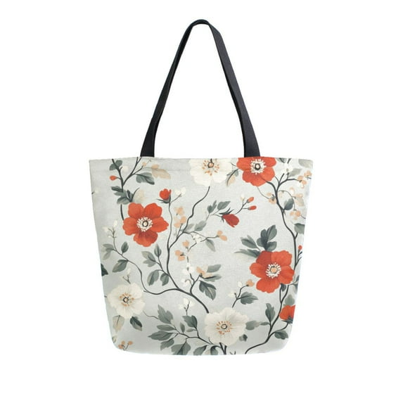 FORMRS Womens Canvas Tote Bag with Zipper Inner Pocket Shoulder Handbag, Red and White Floral Pattern