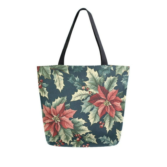 FORMRS Womens Canvas Tote Bag with Zipper Inner Pocket Shoulder Handbag, Retro Christmas Poinsettia