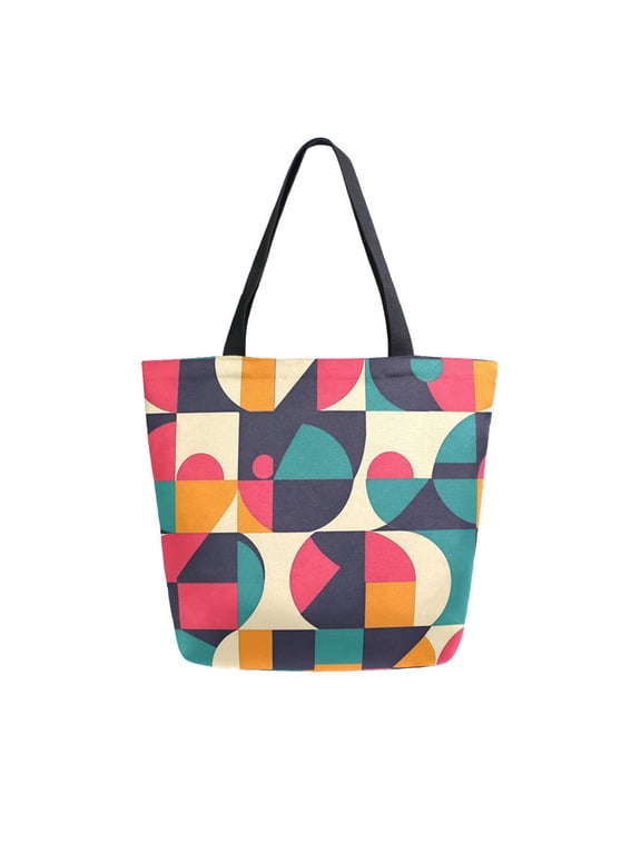 Womens Canvas Tote Bag with Zipper Inner Pocket Shoulder Handbag, Retro Geometric