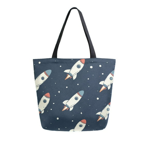 FORMRS Womens Canvas Tote Bag with Zipper Inner Pocket Shoulder Handbag, Rocket Pattern