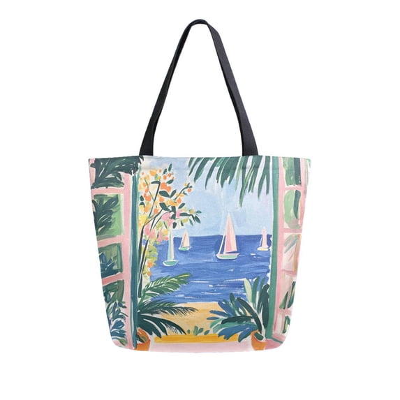 FORMRS Womens Canvas Tote Bag with Zipper Inner Pocket Shoulder Handbag, Seaside Leaves