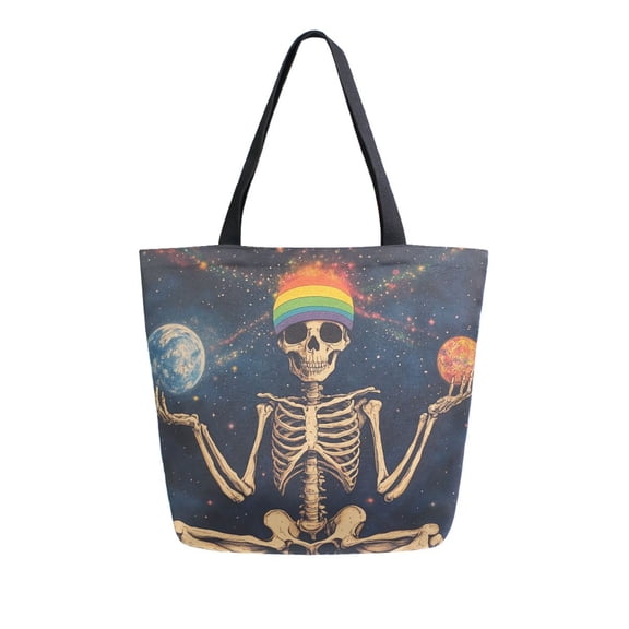 FORMRS Womens Canvas Tote Bag with Zipper Inner Pocket Shoulder Handbag, Skeleton with Rainbow