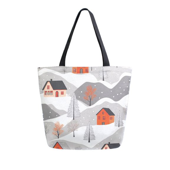 FORMRS Womens Canvas Tote Bag with Zipper Inner Pocket Shoulder Handbag, Snow Cartoon Houses