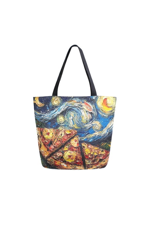 Womens Canvas Tote Bag with Zipper Inner Pocket Shoulder Handbag, Starry Pizza