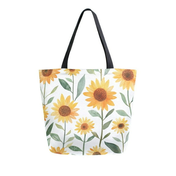 FORMRS Womens Canvas Tote Bag with Zipper Inner Pocket Shoulder Handbag, Sunflowers and Leaves Pattern