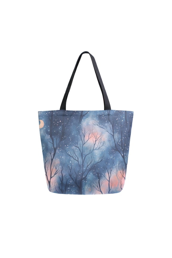 Womens Canvas Tote Bag with Zipper Inner Pocket Shoulder Handbag, Trees in The Night
