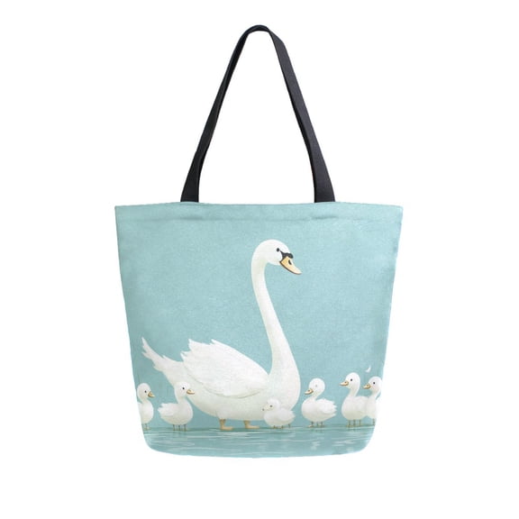 FORMRS Womens Canvas Tote Bag with Zipper Inner Pocket Shoulder Handbag, White Cartoon Swan
