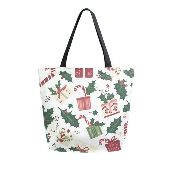 FORMRS Womens Canvas Tote Bag with Zipper Inner Pocket Shoulder Handbag, White Christmas Holly