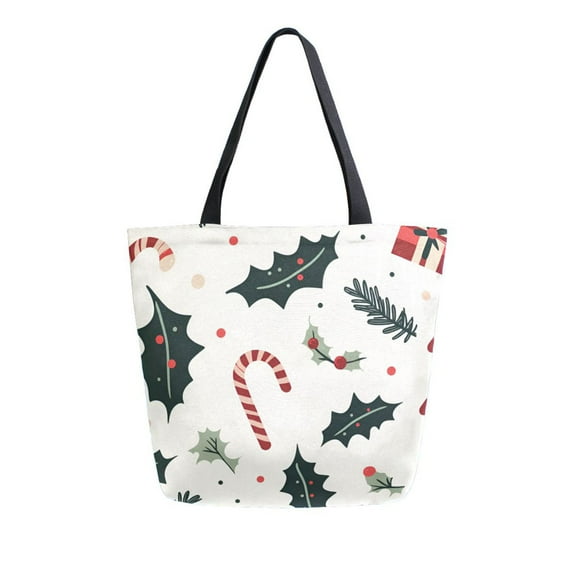 FORMRS Womens Canvas Tote Bag with Zipper Inner Pocket Shoulder Handbag, White Christmas Holly