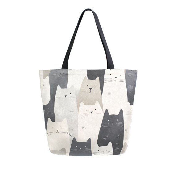 FORMRS Womens Canvas Tote Bag with Zipper Inner Pocket Shoulder Handbag, White Cute Cats