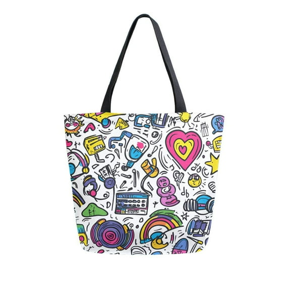 FORMRS Womens Canvas Tote Bag with Zipper Inner Pocket Shoulder Handbag, White Doodle Pattern