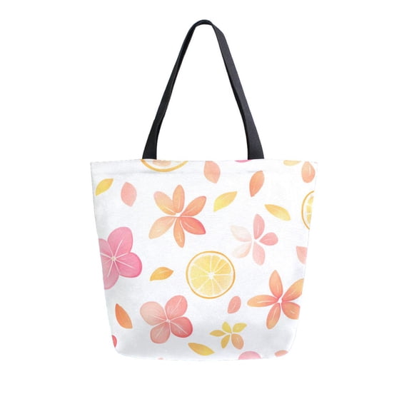 FORMRS Womens Canvas Tote Bag with Zipper Inner Pocket Shoulder Handbag, White Floral Orange