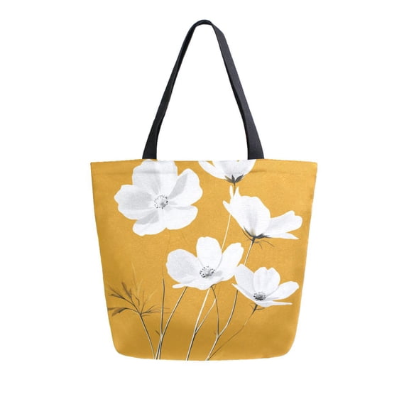 FORMRS Womens Canvas Tote Bag with Zipper Inner Pocket Shoulder Handbag, White Flowers