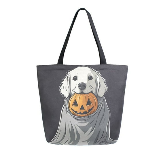 FORMRS Womens Canvas Tote Bag with Zipper Inner Pocket Shoulder Handbag, White Halloween Dog