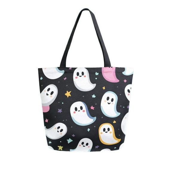 FORMRS Womens Canvas Tote Bag with Zipper Inner Pocket Shoulder Handbag, White Halloween Ghost