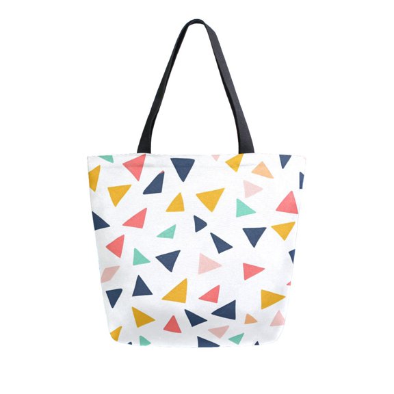 FORMRS Womens Canvas Tote Bag with Zipper Inner Pocket Shoulder Handbag, White Minimalist Triangles