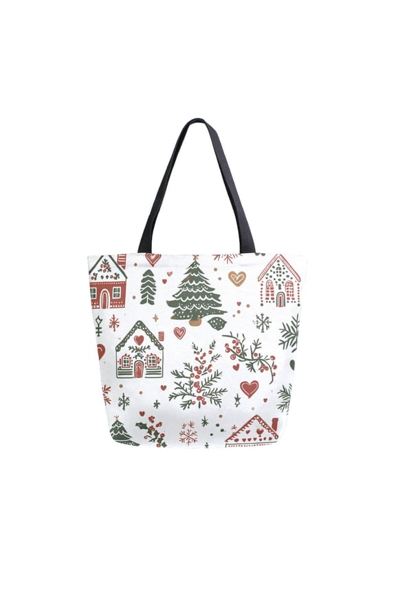 Womens Canvas Tote Bag with Zipper Inner Pocket Shoulder Handbag, White Nordic Christmas House