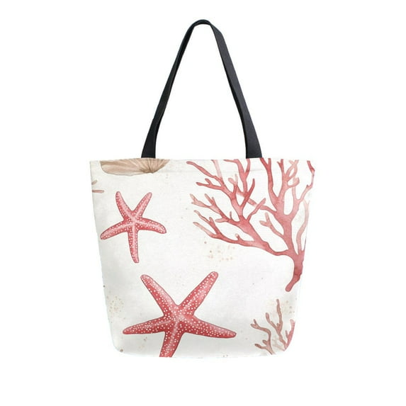 FORMRS Womens Canvas Tote Bag with Zipper Inner Pocket Shoulder Handbag, White Starfish