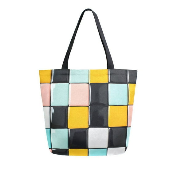FORMRS Womens Canvas Tote Bag with Zipper Inner Pocket Shoulder Handbag, Yellow Checkered Pattern