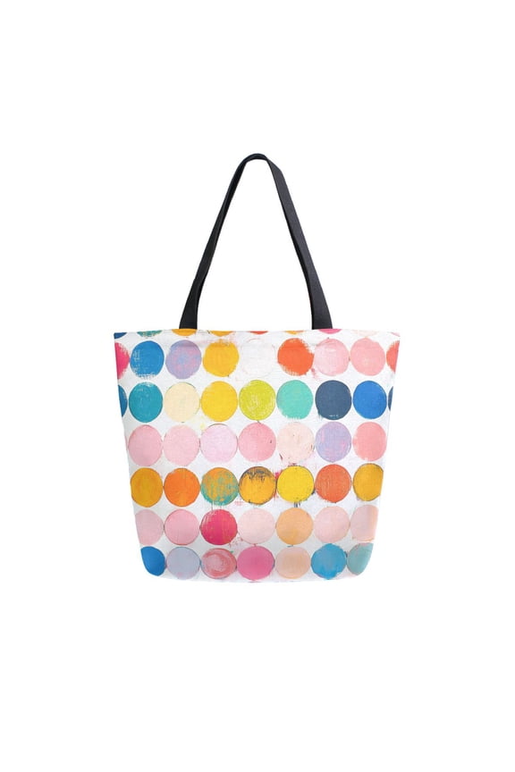Womens Canvas Tote Bag with Zipper Inner Pocket Shoulder Handbag, Yellow Circles