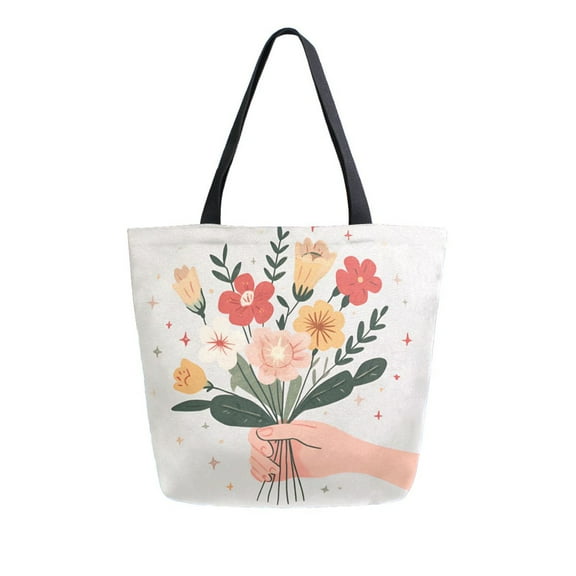 FORMRS Womens Canvas Tote Bag with Zipper Inner Pocket Shoulder Handbag, Yellow Cute Flower