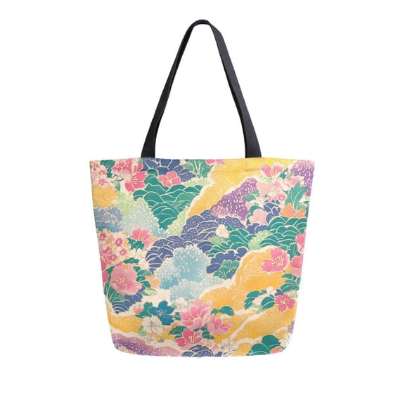 FORMRS Womens Canvas Tote Bag with Zipper Inner Pocket Shoulder Handbag, Yellow Floral Wave