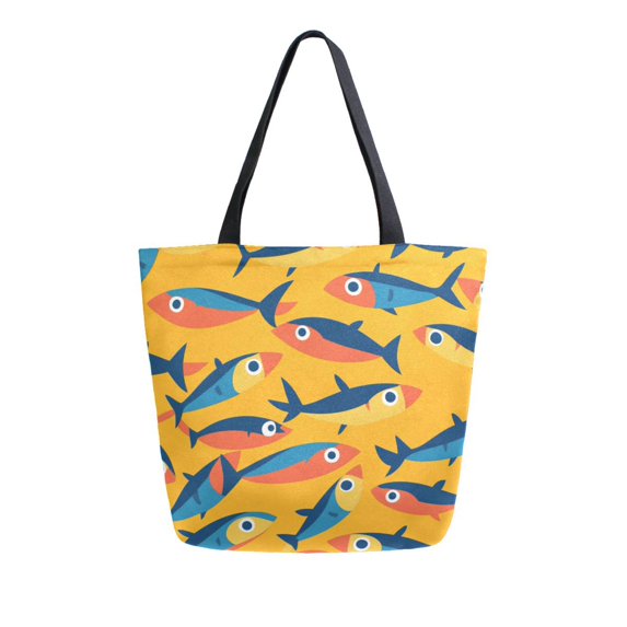 FORMRS Womens Canvas Tote Bag with Zipper Inner Pocket Shoulder Handbag, Yellow Sardines Pattern