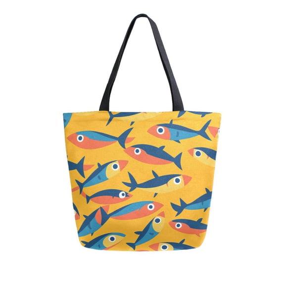FORMRS Womens Canvas Tote Bag with Zipper Inner Pocket Shoulder Handbag, Yellow Sardines Pattern