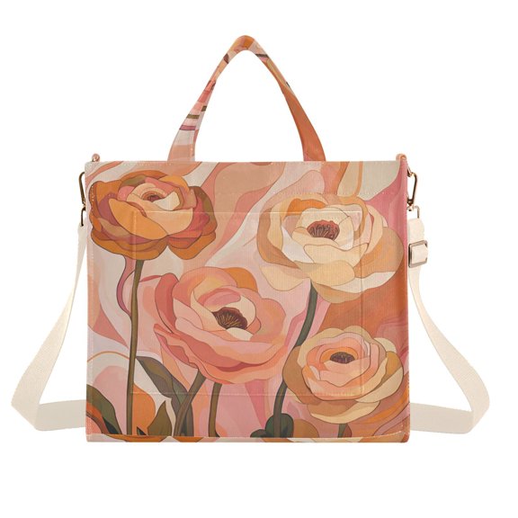 FORMRS Womens Corduroy Tote Bag Crossbody Shoulder Handbag with Pocket, Abstract Orange Flowers