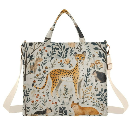 FORMRS Womens Corduroy Tote Bag Crossbody Shoulder Handbag with Pocket, Animals in A Forest Pattern