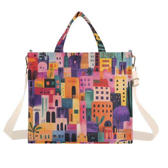 FORMRS Womens Corduroy Tote Bag Crossbody Shoulder Handbag with Pocket, Art Buildings