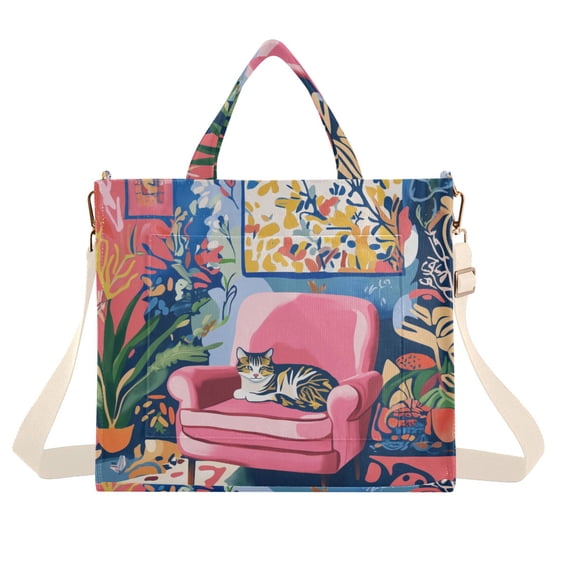 FORMRS Womens Corduroy Tote Bag Crossbody Shoulder Handbag with Pocket, Art Cat