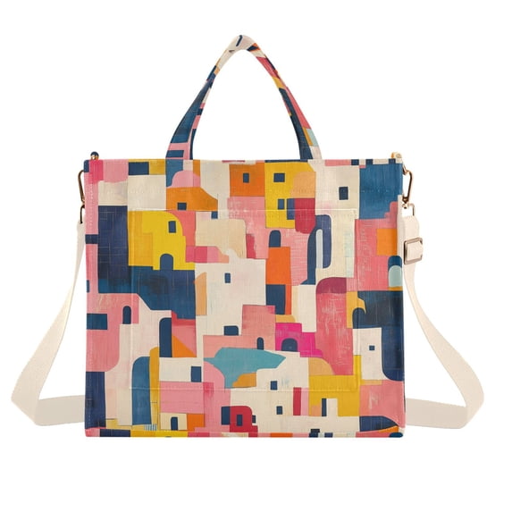 FORMRS Womens Corduroy Tote Bag Crossbody Shoulder Handbag with Pocket, Art Geometric